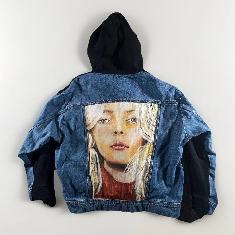 ZARA‎ Denim Hoodie Women S Blue Black Women in Art Graphic Hybrid Jacket SS19